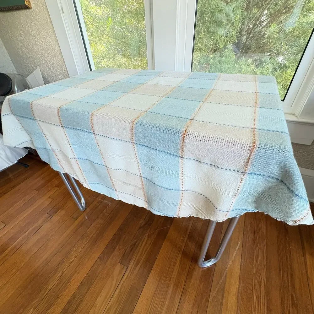 Vintage Blue Cream Plaid Round Tablecloth 64 Inch